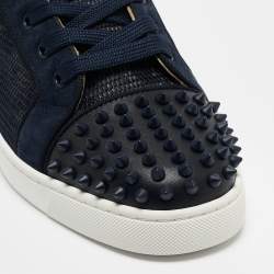 Pre Owned Christian Louboutin Navy Blue/White Leather Lou Spike Orlato Sneakers Size41