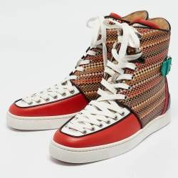 مملوكة مسبقًا Christian Louboutin Multicolor Woven Leather Buckle Detail High Top Sneakers Size 42.5