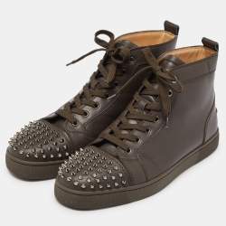 مملوكة مسبقًا Christian Louboutin Brown Leather Lou Spikes High Top Sneakers Size 43.5