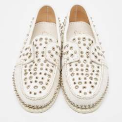 Christian Louboutin White Leather Studded Boat Deck Loafers Size 45