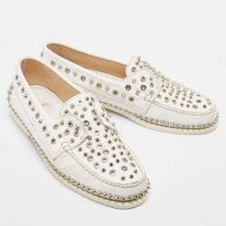 Christian Louboutin White Leather Studded Boat Deck Loafers Size 45