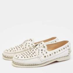 Christian Louboutin White Leather Studded Boat Deck Loafers Size 45