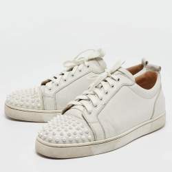 Pre Owned Christian Louboutin White Leather Louis Junior Spikes Low Top Sneakers Size 43.5