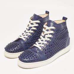 Christian Louboutin Navy Blue Leather Louis Spikes High Top Sneakers Size 43.5