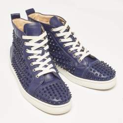 Christian Louboutin Navy Blue Leather Louis Spikes High Top Sneakers Size 43.5