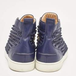 Christian Louboutin Navy Blue Leather Louis Spikes High Top Sneakers Size 43.5