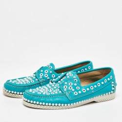 Christian Louboutin Blue Leather Spiked Yacht Loafers Size 43