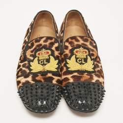 Pre Owned Christian Louboutin Brown/Black Calf Hair Patent Leather Loafers Size 41.5