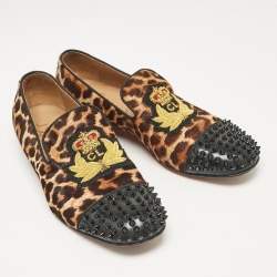 Pre Owned Christian Louboutin Brown/Black Calf Hair Patent Leather Loafers Size 41.5