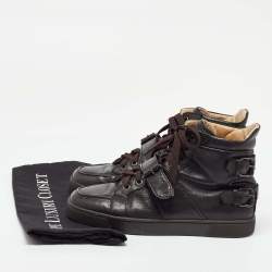 Christian Louboutin Dark Brown Leather Buckle Detail High Top Sneakers Size 40