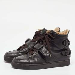 Christian Louboutin Dark Brown Leather Buckle Detail High Top Sneakers Size 40