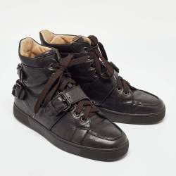 Christian Louboutin Dark Brown Leather Buckle Detail High Top Sneakers Size 40