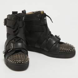 Christian Louboutin Black Canvas And Leather Snap Shoot Spikes Sneakers Size 40.5