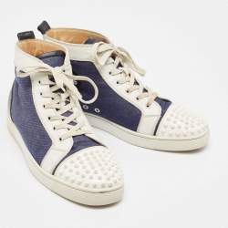 Christian Louboutin White/Blue Leather Lou Degra Spike High Top Sneakers Size 43.5