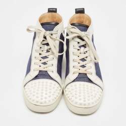 Christian Louboutin White/Blue Leather Lou Degra Spike High Top Sneakers Size 43.5