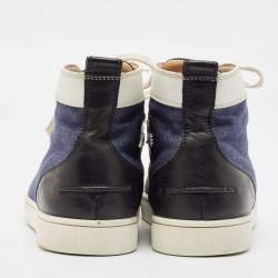 Christian Louboutin White/Blue Leather Lou Degra Spike High Top Sneakers Size 43.5