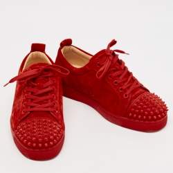 Christian Louboutin Red Suede Louis Junior Spikes Lace Up Sneakers Size 40