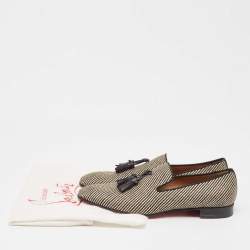 Christian Louboutin Black/Beige Woven Raffia Dandelion Tassel Slip On Loafers Size 42