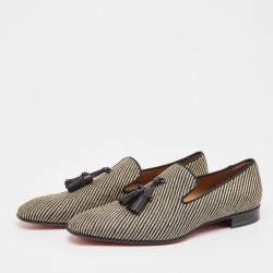 Christian Louboutin Black/Beige Woven Raffia Dandelion Tassel Slip On Loafers Size 42