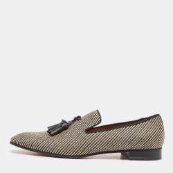 Christian Louboutin Black/Beige Woven Raffia Dandelion Tassel Slip On Loafers Size 42
