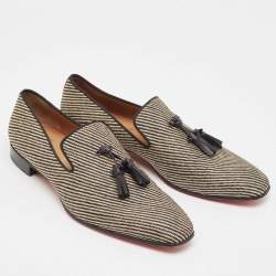 Christian Louboutin Black/Beige Woven Raffia Dandelion Tassel Slip On Loafers Size 42