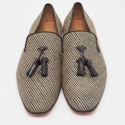 Christian Louboutin Black/Beige Woven Raffia Dandelion Tassel Slip On Loafers Size 42