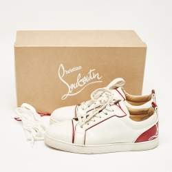 Pre Owned Christian Louboutin White/Red Leather Louis Junior Lace Up Sneakers Size 44