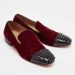 Christian Louboutin Burgundy Velvet and Patent Leather Spooky Spiked Smoking Slippers Size 43