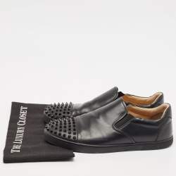 Christian Louboutin Black Leather Boat Spike Slip On Sneakers Size 41