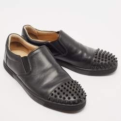 Christian Louboutin Black Leather Boat Spike Slip On Sneakers Size 41