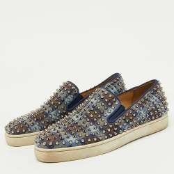 Christian Louboutin Blue Check Canvas Dandelion Spike Slip On Sneakers Size 41