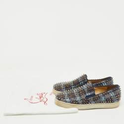 Christian Louboutin Blue Check Canvas Dandelion Spike Slip On Sneakers Size 41