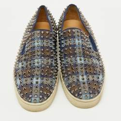 Christian Louboutin Blue Check Canvas Dandelion Spike Slip On Sneakers Size 41