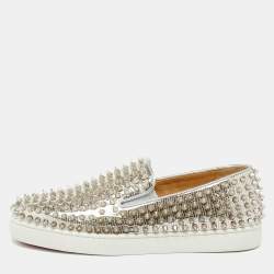 Christian Louboutin Metallic Silver Leather Roller Boat Slip On Sneakers Size 40