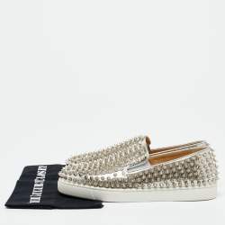 Christian Louboutin Metallic Silver Leather Roller Boat Slip On Sneakers Size 40