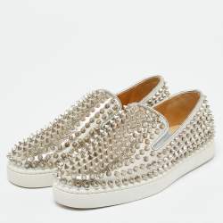 Christian Louboutin Metallic Silver Leather Roller Boat Slip On Sneakers Size 40