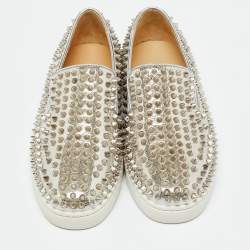 Christian Louboutin Metallic Silver Leather Roller Boat Slip On Sneakers Size 40