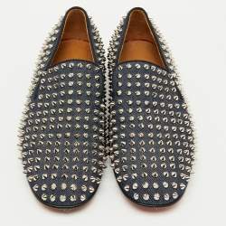 Christian Louboutin Navy Blue Fabric Dandelion Spikes Smoking Slippers Size 41