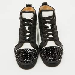Christian Louboutin White/Black Leather Lou Crystal Embellished Spikes Orlato Sneakers Size 42
