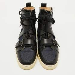 Christian Louboutin Navy Blue/Black Fabric and Leather High Top Sneakers Size 43