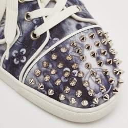 Christian Louboutin Blue Printed Canvas Louis Junior Spikes Orlato Sneakers Size 44.5