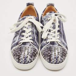 Christian Louboutin Blue Printed Canvas Louis Junior Spikes Orlato Sneakers Size 44.5