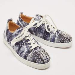 Christian Louboutin Blue Printed Canvas Louis Junior Spikes Orlato Sneakers Size 44.5