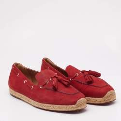 Christian Louboutin Red Nubuck Leather Tassel Embellished Espadrilles Loafers Size 45