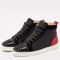 Christian Louboutin Black/Red Velvet And Leather Louis Spikes High Top Sneakers Size 40.5