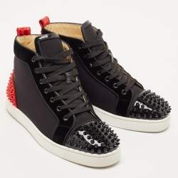 Christian Louboutin Black/Red Velvet And Leather Louis Spikes High Top Sneakers Size 40.5