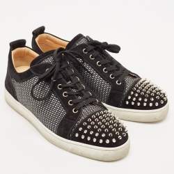 Christian Louboutin Black Suede and Woven Fabric Louis Junior Spikes Orlato Sneakers Size 43.5