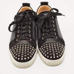 Christian Louboutin Black Suede and Woven Fabric Louis Junior Spikes Orlato Sneakers Size 43.5