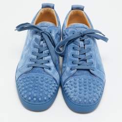 Pre Owned Christian Louboutin Blue Suede Louis Junior Spikes Low Top Sneakers Size 42.5