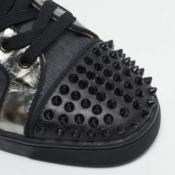 Christian Louboutin Black/Grey Leather and Fabric Louis Junior Spikes Sneakers Size 41
